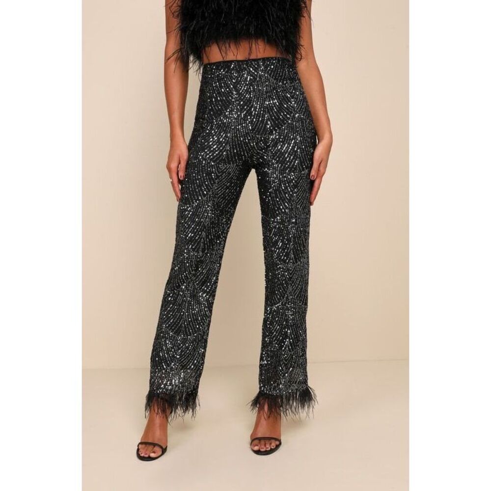 Lulus Total Sparkle Black And Silver Sequin Feather Wide-leg Pants - Size S